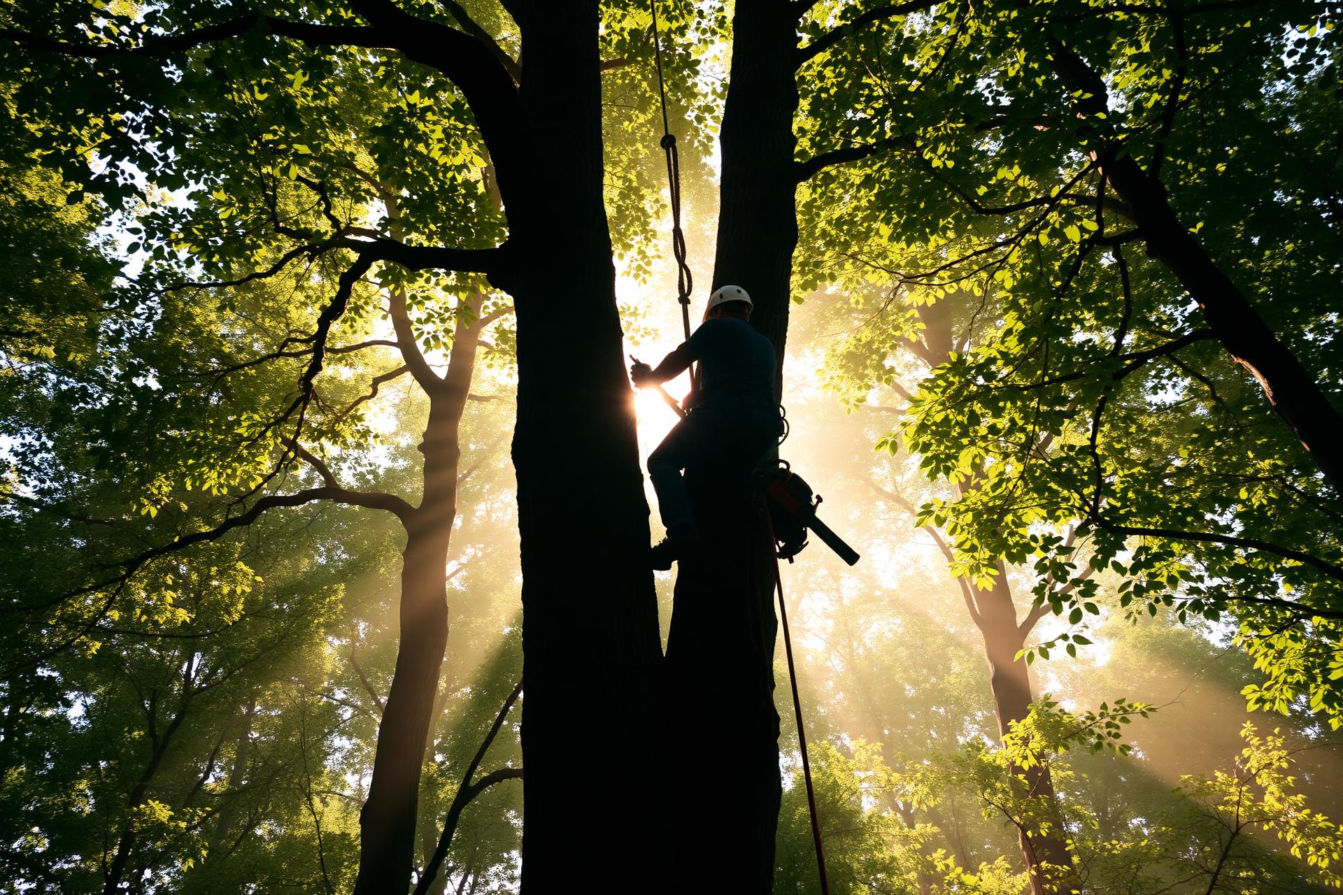 Arborist climbing a tall tree at golden hour